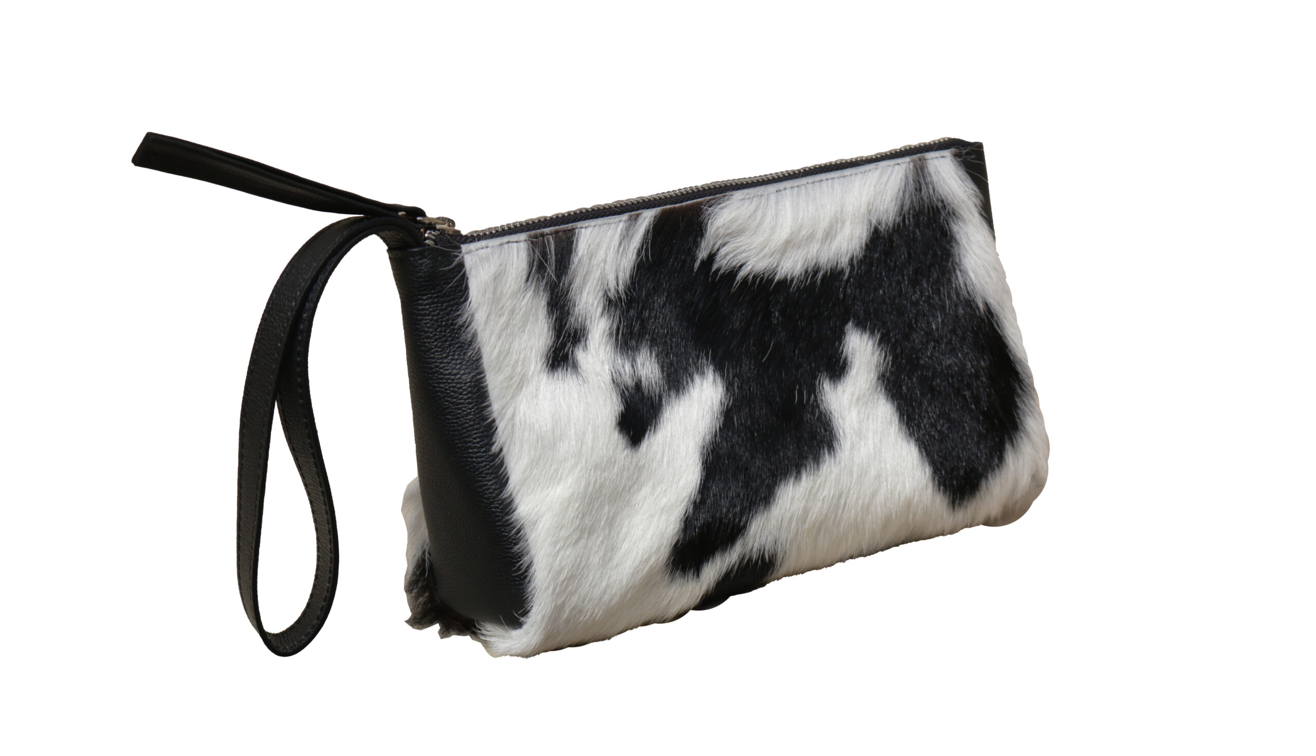 Cosmetiquera en cuero de becerro en pelo. Colores blanco y negro